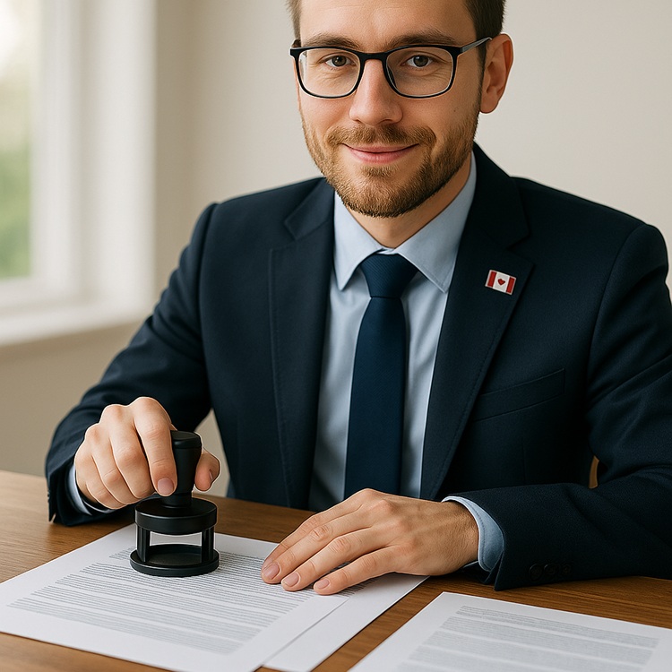 Spanish-English Translation Services offered by a certified translator who is preparing legal documents with an official stamp and Canadian flag lapel pin.