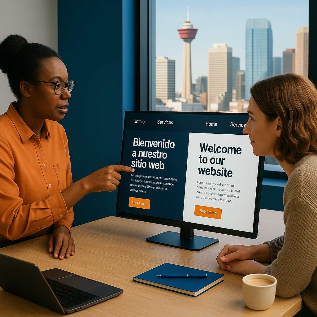 Spanish-English Translation Services offered by a team localizing a bilingual website from English to Spanish on a computer screen.