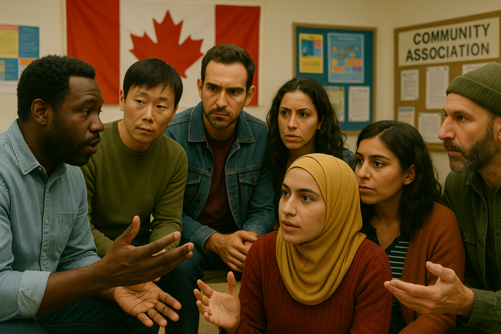 A group of immigrant people in a community association facility showing the importance of language barriers impact on Immigrant Communities.